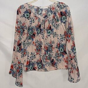 Lush Floral Tie-Neck Long Sleeve Boho Peasant Blouse Size M EUC